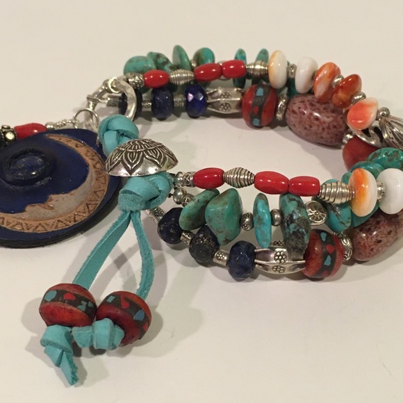 Boho Sundance Style Celestial Gemstone Turquoise Hill Tribe Silver Bracelet - Picture 8 of 10